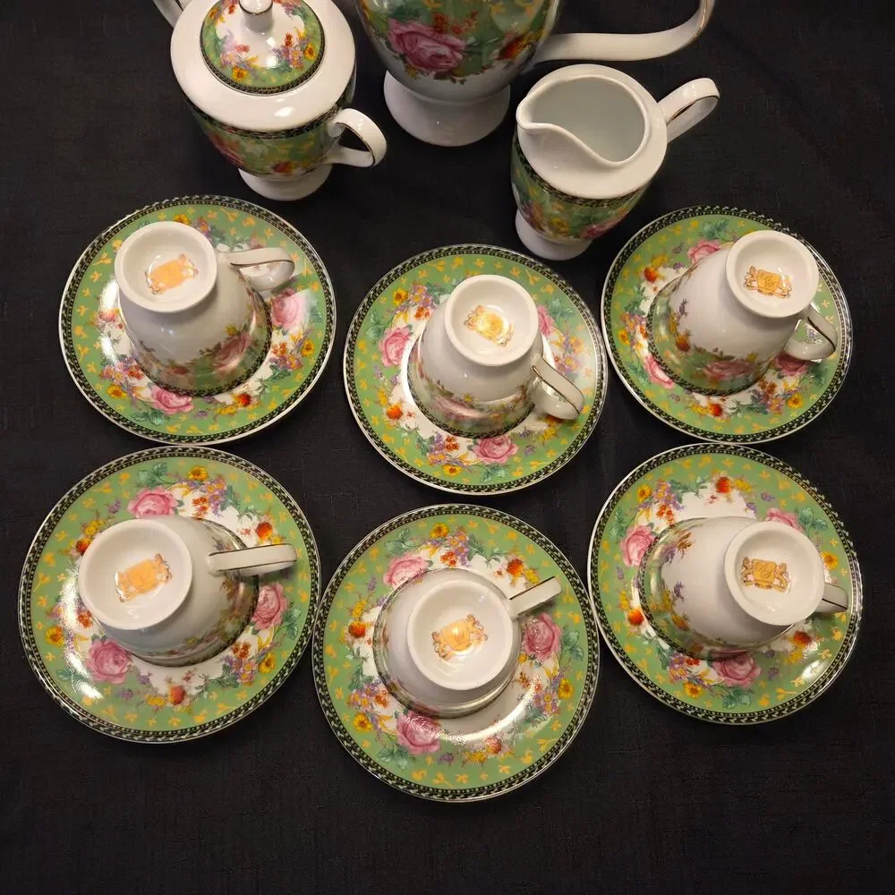 Royal Scotland Pink Rose on Green background Tea Set